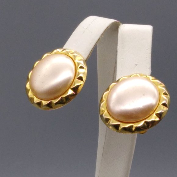 Vintage Pearl Cabochon Earrings, Gold Tone Frames on Bridal Clip Ons - Picture 1 of 4